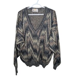Vintage London Fog Deep V-Neck Sweater Geometric Zig Zag Knit Large